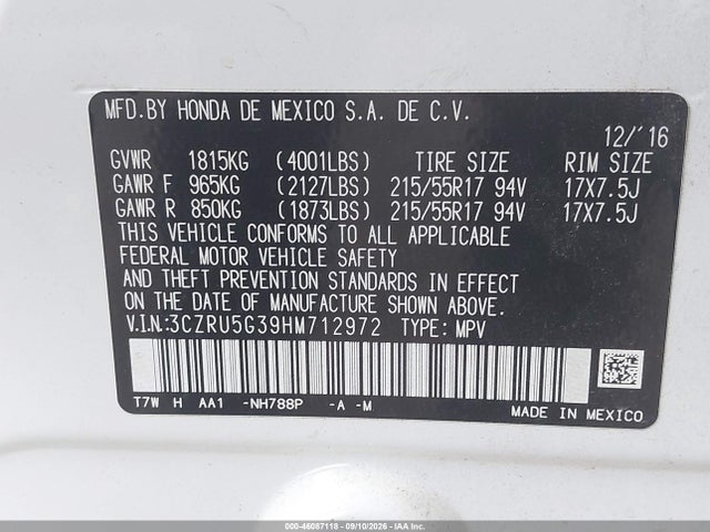Aukcja sprzedaży 2017 Honda Hr-v Lx, vin: 3CZRU5G39HM712972, numer aukcji: 46087118