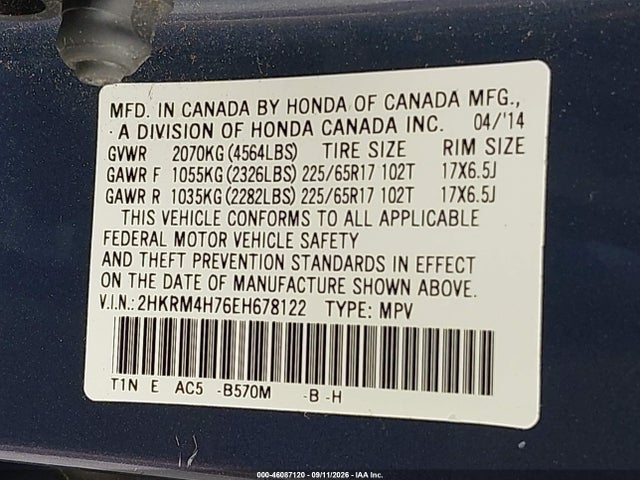 2HKRM4H76EH678122 Honda Cr-v Ex-l