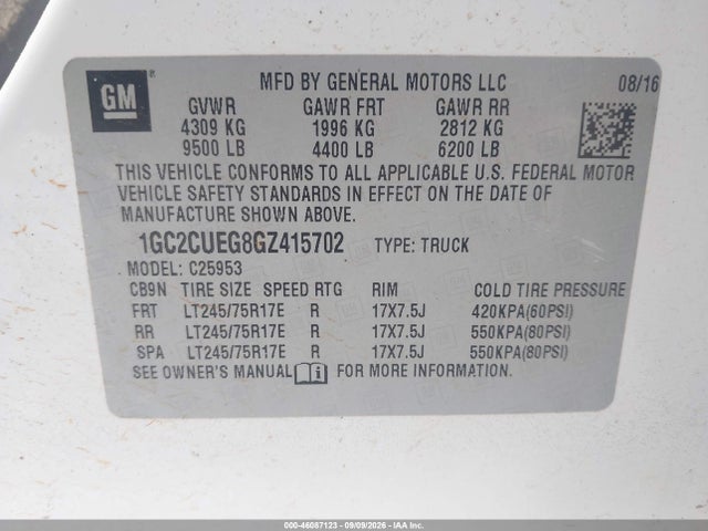2016 Chevrolet Silverado 2500hd Wt მანქანა იყიდება აუქციონზე, vin: 1GC2CUEG8GZ415702, აუქციონის ნომერი: 46087123