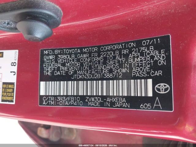 46087124 :رقم المزاد ، JTDKN3DU2B1388712 vin ، 2011 Toyota Prius Three مزاد بيع