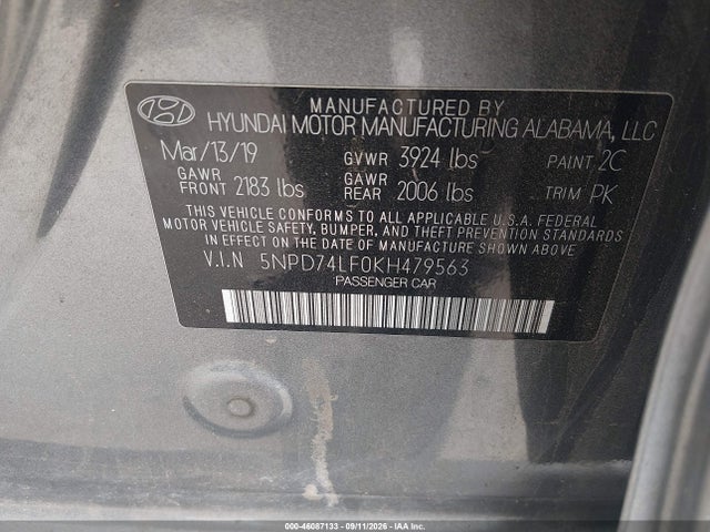 5NPD74LF0KH479563 Hyundai ELANTRA SE