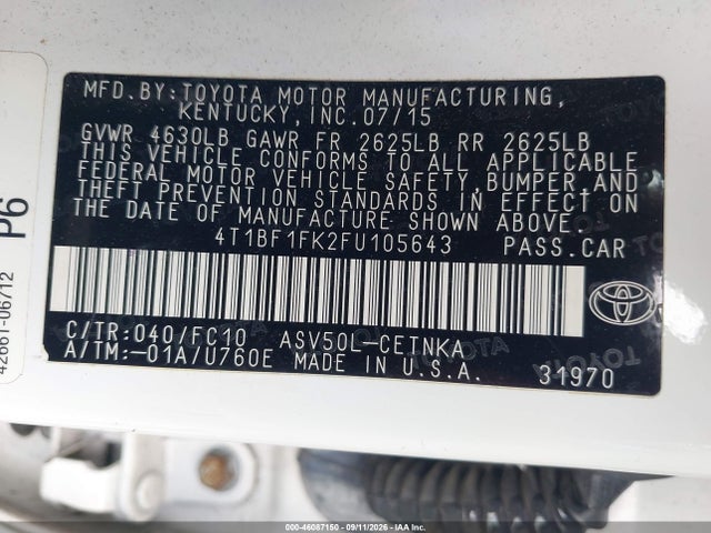 2015 Toyota Camry Le მანქანა იყიდება აუქციონზე, vin: 4T1BF1FK2FU105643, აუქციონის ნომერი: 46087150