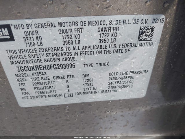 Продажа на аукционе авто 2015 Chevrolet Silverado 1500 1lt, vin: 3GCUKREH0FG293806, номер лота: 46087164
