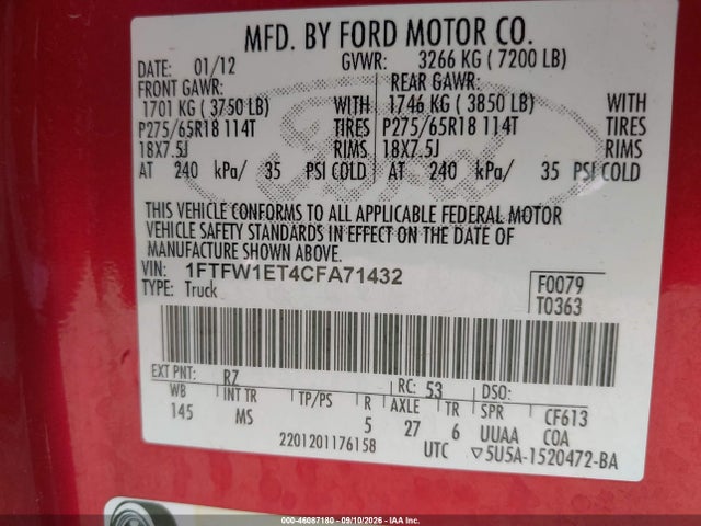 Aukcja sprzedaży 2012 Ford F-150 Xlt, vin: 1FTFW1ET4CFA71432, numer aukcji: 46087180