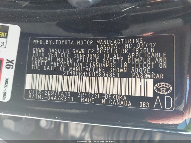 2017 Toyota Corolla L მანქანა იყიდება აუქციონზე, vin: 2T1BURHE8HC894851, აუქციონის ნომერი: 46087185