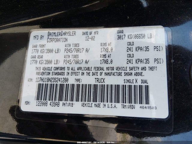 Aukcja sprzedaży 2003 Dodge Ram 1500 Slt/laramie/st, vin: 1D7HU18N23S241280, numer aukcji: 46087191