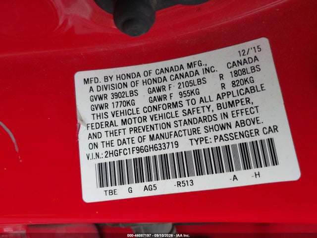 2016 Honda Civic Touring მანქანა იყიდება აუქციონზე, vin: 2HGFC1F96GH633719, აუქციონის ნომერი: 46087197