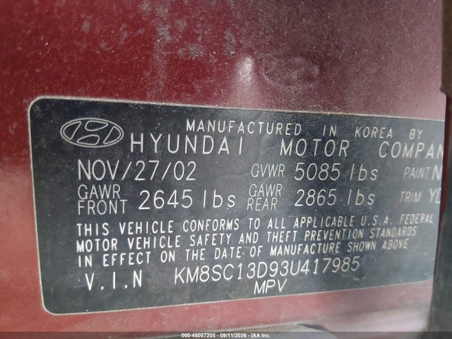Auction sale of the 2003 Hyundai Santa Fe Gls/lx, vin: KM8SC13D93U417985, lot number: 46087205