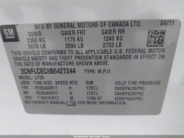 46087209 :رقم المزاد ، 2CNFLCEC8B6427244 vin ، 2011 Chevrolet Equinox Ls مزاد بيع