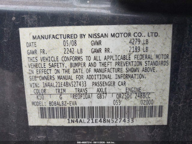 Продажа на аукционе авто 2008 Nissan Altima 2.5 S, vin: 1N4AL21E48N527433, номер лота: 46087214