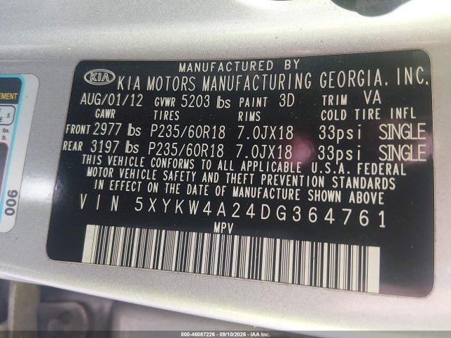 2013 Kia Sorento Sx მანქანა იყიდება აუქციონზე, vin: 5XYKW4A24DG364761, აუქციონის ნომერი: 46087226