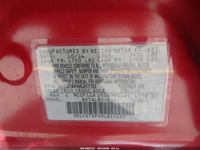 Продаж на аукціоні авто 2017 Nissan Versa 1.6 Sv, vin: 3N1CN7AP4HL817122, номер лоту: 46087227