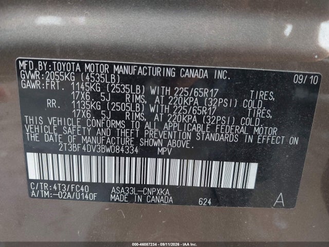 46087234 :رقم المزاد ، 2T3BF4DV3BW084334 vin ، 2011 Toyota Rav4 مزاد بيع