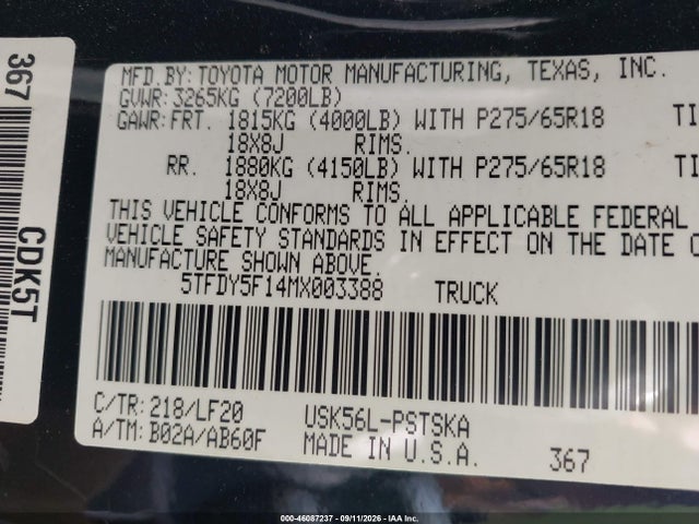 46087237 :رقم المزاد ، 5TFDY5F14MX003388 vin ، 2021 Toyota Tundra Trd Pro مزاد بيع