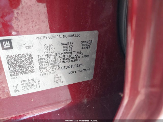 Продаж на аукціоні авто 2018 Chevrolet Tahoe Premier, vin: 1GNSCCKC3JR303125, номер лоту: 46087242