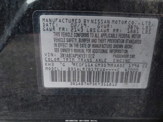 2019 Nissan Sentra Sr მანქანა იყიდება აუქციონზე, vin: 3N1AB7AP5KY311812, აუქციონის ნომერი: 46087245
