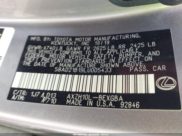 Aukcja sprzedaży 2020 Lexus Es 300h, vin: 58AD21B19LU005433, numer aukcji: 46087280
