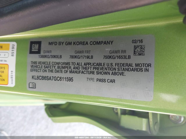 46087284 :رقم المزاد ، KL8CB6SA7GC611595 vin ، 2016 Chevrolet Spark Ls Cvt مزاد بيع