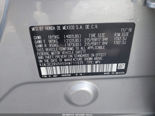 2017 Honda Hr-v Ex მანქანა იყიდება აუქციონზე, vin: 3CZRU5H59HM711935, აუქციონის ნომერი: 46087318