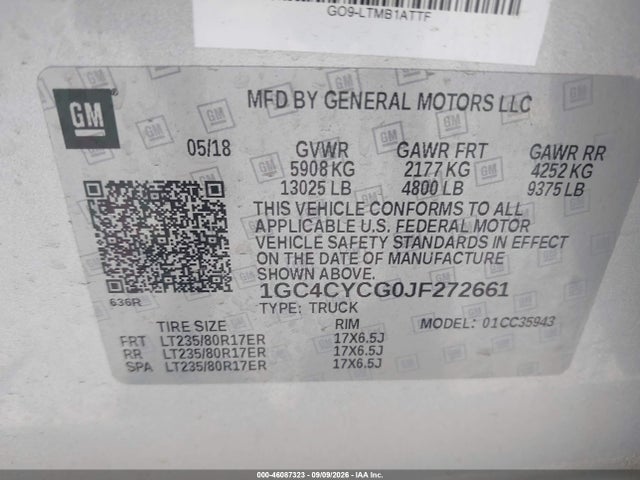 Продаж на аукціоні авто 2018 Chevrolet Silverado 3500hd Wt, vin: 1GC4CYCG0JF272661, номер лоту: 46087323