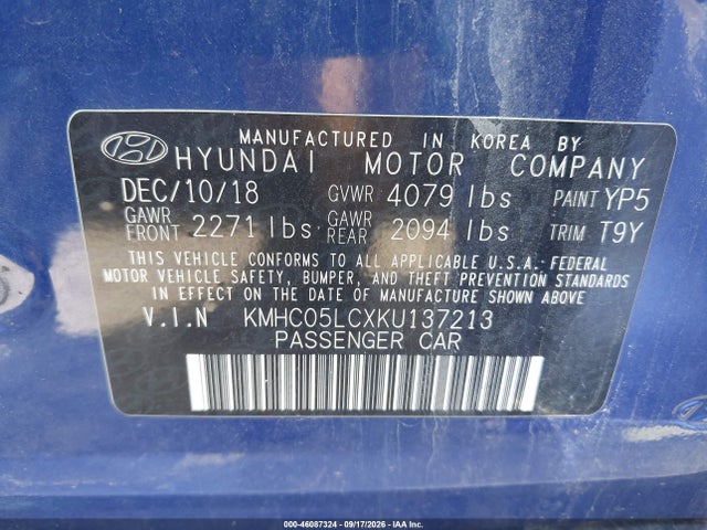 2019 Hyundai Ioniq Hybrid Limited მანქანა იყიდება აუქციონზე, vin: KMHC05LCXKU137213, აუქციონის ნომერი: 46087324