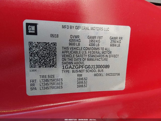 46087328 :رقم المزاد ، 1GAZGPFG0J1300089 vin ، 2018 Chevrolet Express 3500 Lt مزاد بيع