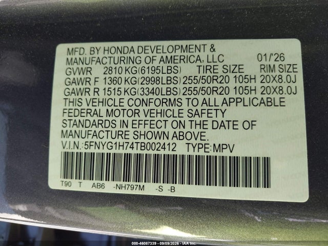 Продажа на аукционе авто 2026 Honda Pilot Touring/touring Blackout, vin: 5FNYG1H74TB002412, номер лота: 46087339