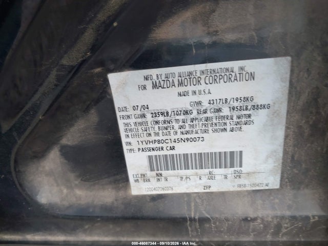 Aukcja sprzedaży 2004 Mazda Mazda6 I, vin: 1YVHP80C145N90073, numer aukcji: 46087344