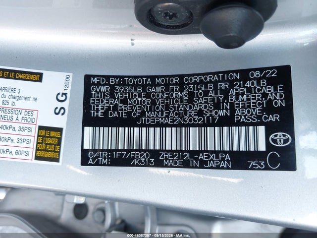 Продаж на аукціоні авто 2022 Toyota Corolla Le, vin: JTDEPMAE2N3032117, номер лоту: 46087357