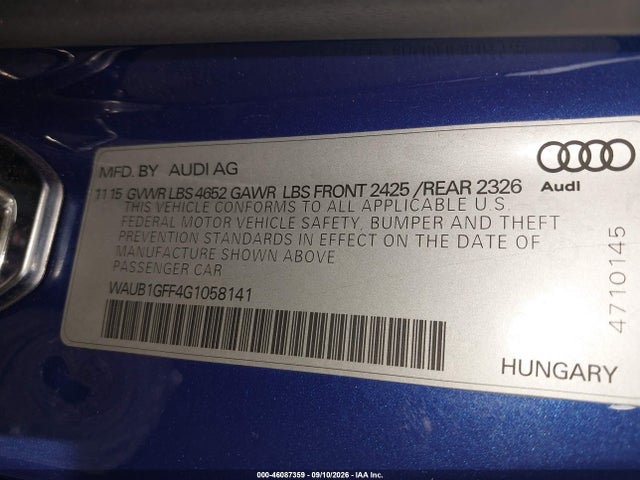 Aukcja sprzedaży 2016 Audi S3 2.0t Premium Plus, vin: WAUB1GFF4G1058141, numer aukcji: 46087359