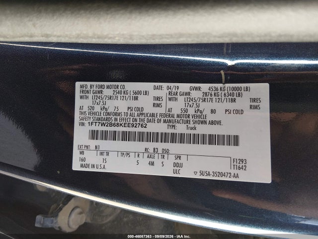 46087363 :رقم المزاد ، 1FT7W2B68KEE92762 vin ، 2019 Ford F-250 Xl مزاد بيع