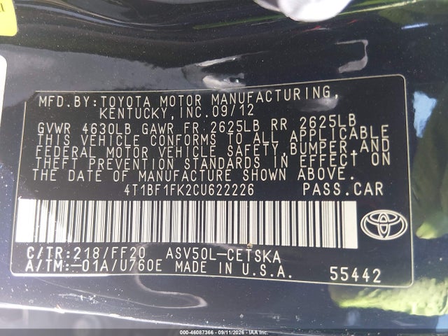 2012 Toyota Camry Se მანქანა იყიდება აუქციონზე, vin: 4T1BF1FK2CU622226, აუქციონის ნომერი: 46087366