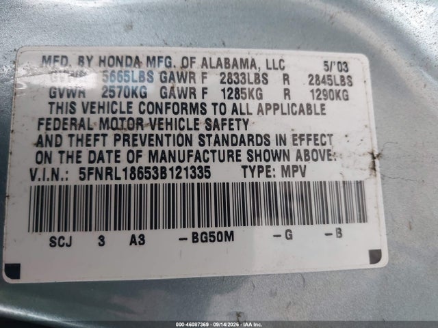 46087369 :رقم المزاد ، 5FNRL18653B121335 vin ، 2003 Honda Odyssey Ex مزاد بيع