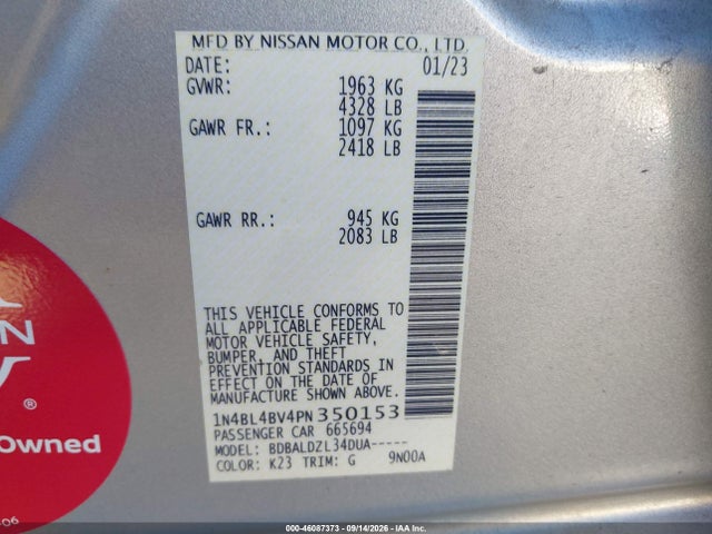 46087373 :رقم المزاد ، 1N4BL4BV4PN350153 vin ، 2023 Nissan Altima S Fwd مزاد بيع