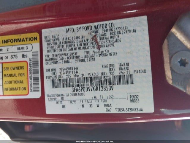 Aukcja sprzedaży 2016 Ford Fusion Titanium, vin: 3FA6P0D97GR128539, numer aukcji: 46087374