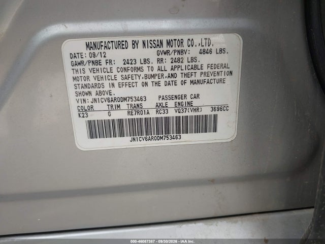 2013 Infiniti G37x მანქანა იყიდება აუქციონზე, vin: JN1CV6AR0DM753463, აუქციონის ნომერი: 46087387