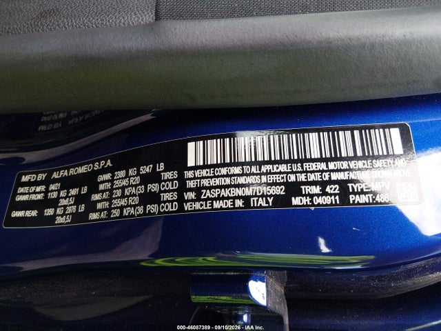 Aukcja sprzedaży 2021 Alfa Romeo Stelvio Ti Sport Awd, vin: ZASPAKBN0M7D15692, numer aukcji: 46087389