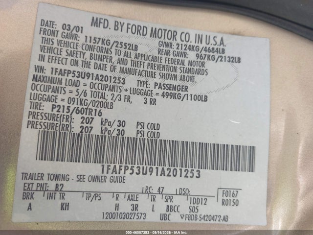 46087393 :رقم المزاد ، 1FAFP53U91A201253 vin ، 2001 Ford Taurus Se مزاد بيع