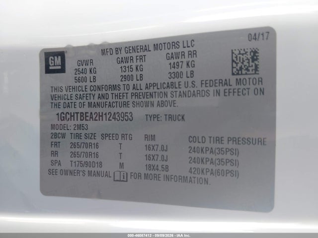 Aukcja sprzedaży 2017 Chevrolet Colorado Wt, vin: 1GCHTBEA2H1243953, numer aukcji: 46087412