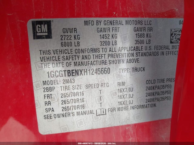 46087413 :رقم المزاد ، 1GCGTBENXH1245660 vin ، 2017 Chevrolet Colorado Wt مزاد بيع