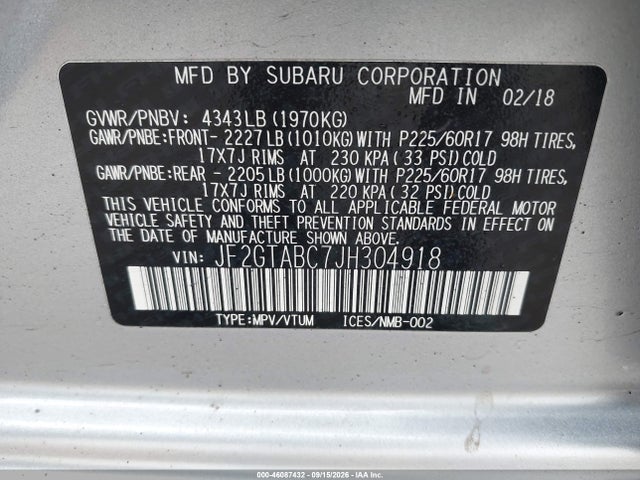 Subaru Crosstrek 2.0i Premium 2018 JF2GTABC7JH304918 Image 9