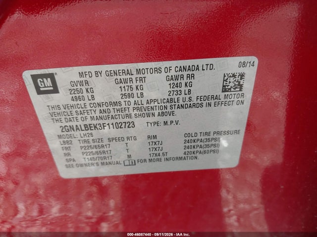 Aukcja sprzedaży 2015 Chevrolet Equinox 1lt, vin: 2GNALBEK3F1102723, numer aukcji: 46087440