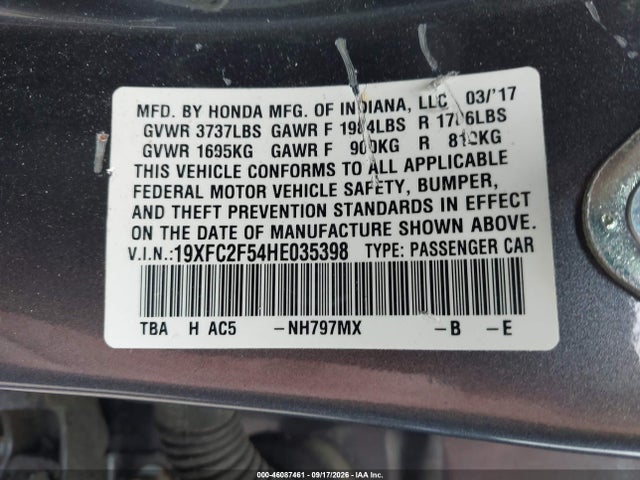 Aukcja sprzedaży 2017 Honda Civic Lx, vin: 19XFC2F54HE035398, numer aukcji: 46087461