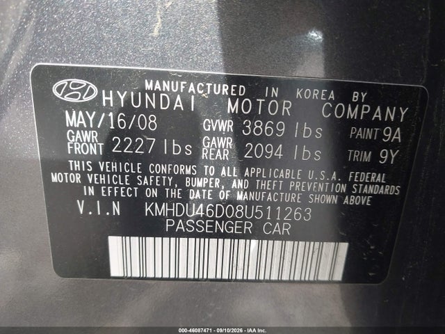 Продаж на аукціоні авто 2008 Hyundai Elantra Gls/se, vin: KMHDU46D08U511263, номер лоту: 46087471
