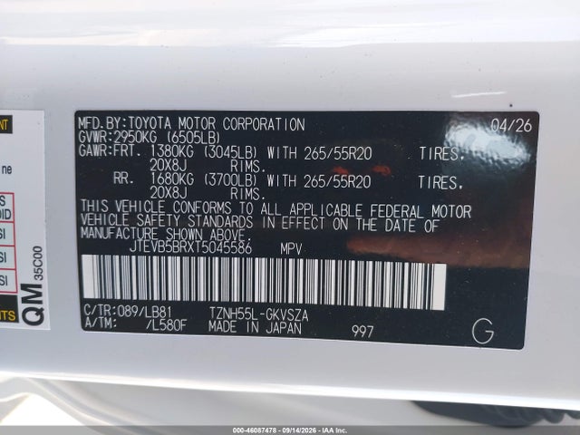 46087478 :رقم المزاد ، JTEVB5BRXT5045586 vin ، 2026 Toyota 4runner Limited/platinum/trd Pro/trailhunter/trd Off Road/trd Off Road Premium مزاد بيع