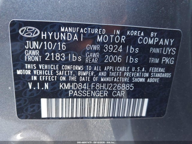Aukcja sprzedaży 2017 Hyundai Elantra Se, vin: KMHD84LF8HU226885, numer aukcji: 46087479