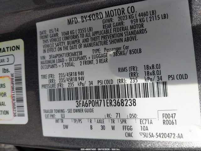 Продаж на аукціоні авто 2014 Ford Fusion Se, vin: 3FA6P0H71ER368238, номер лоту: 46087488
