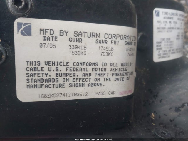 1996 Saturn Sl2 მანქანა იყიდება აუქციონზე, vin: 1G8ZK5274TZ103912, აუქციონის ნომერი: 46087490