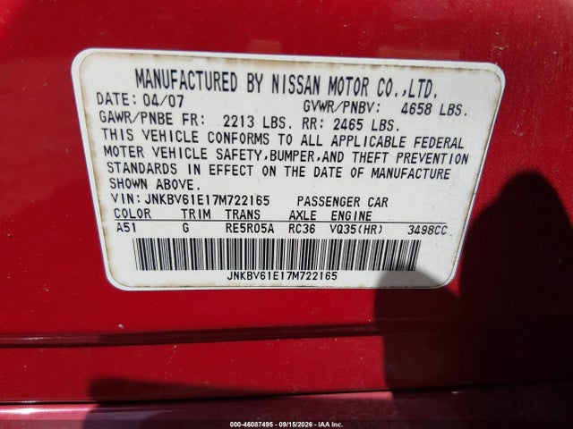 Aukcja sprzedaży 2007 Infiniti G35 Sport, vin: JNKBV61E17M722165, numer aukcji: 46087495