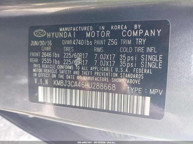 Aukcja sprzedaży 2017 Hyundai Tucson Se, vin: KM8J3CA46HU288668, numer aukcji: 46087507